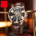 Men's automatic mechanical watch with transparent case back showing movement and 44mm barrel-shaped dial