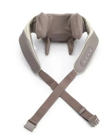 Milky white rechargeable shoulder and neck kneading massager with USB cable.