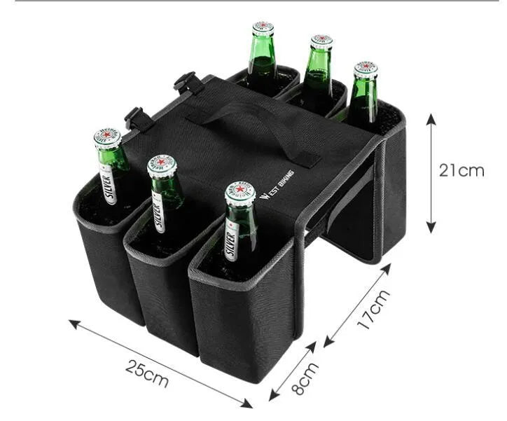 Black bicycle drink bag mounted on bike frame showing double-sided access and 2-litre capacity
