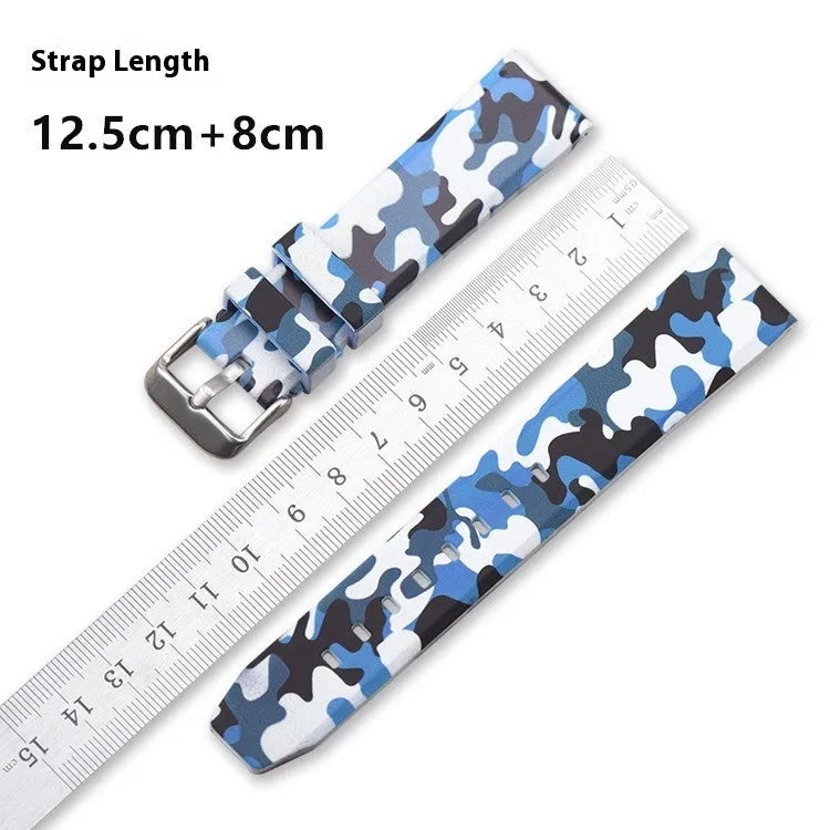 Camouflage silicone watch strap in blue, gray, or green with universal flat head design