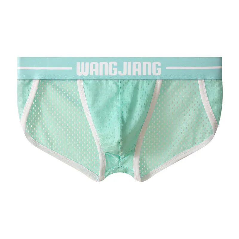 Men's black mesh ice silk triangular underwear laid flat, showing briefs style and breathable fabric texture.