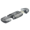 Transparent plastic USB card reader with LED lights showing 7.5 inch length and memory card slots