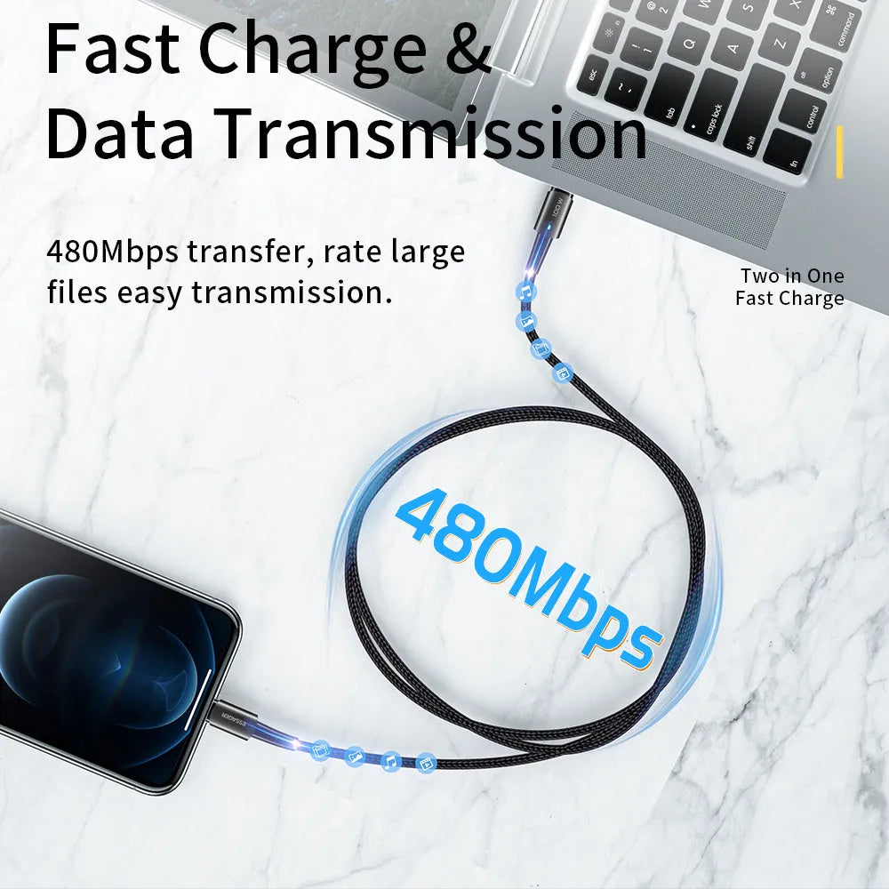 USB-C fast charging cable with aluminium housing and indicator light, shown in black, blue, and coffee colours.