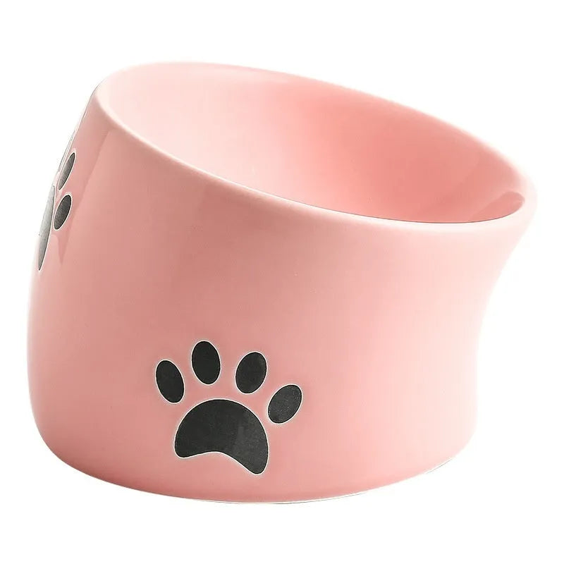 Ceramic cat bowl with high foot design and cat's paw pattern in choice of colours