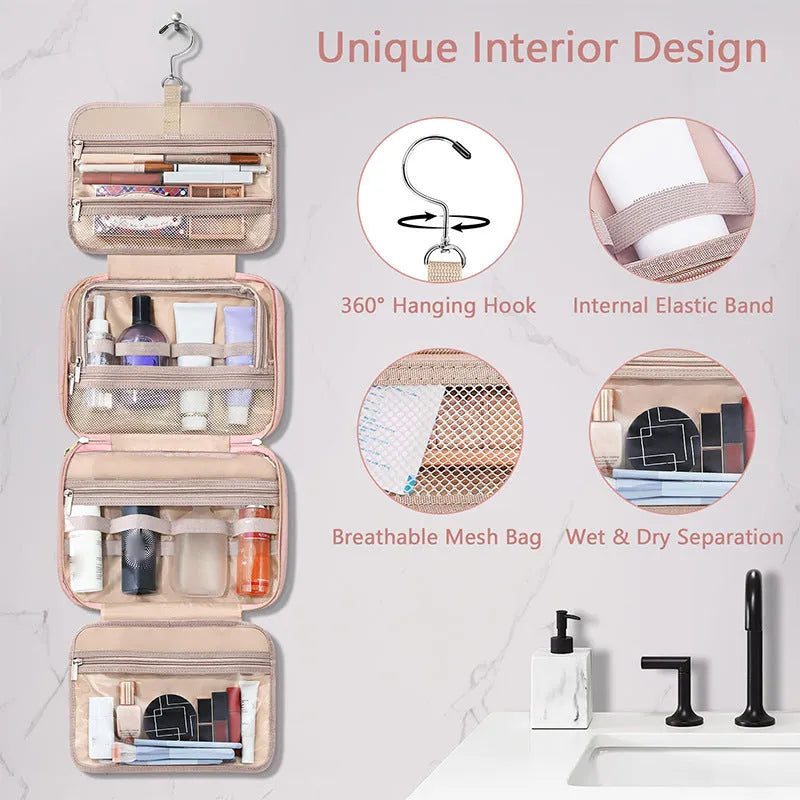 Black hanging waterproof cosmetic bag with hook showing 30.5cm width for travel storage