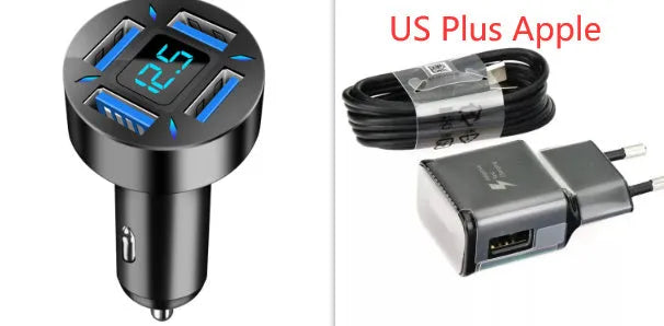 Four-port USB car charger with LED digital display showing voltage indicators, compact design for vehicle cigarette lighter sockets