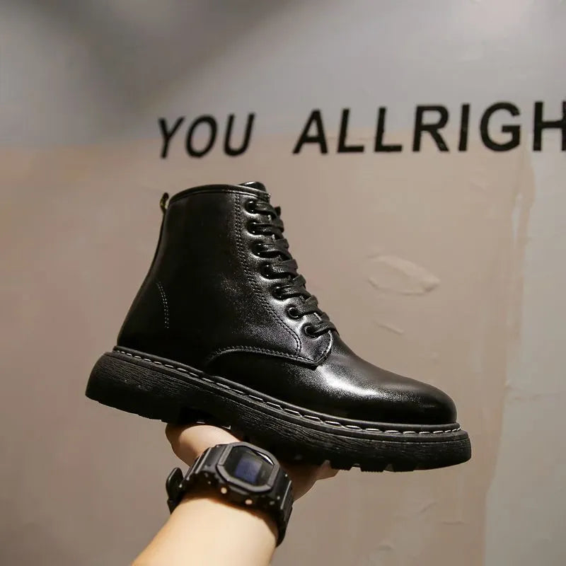 Men's black platform Doc Martens boots with zipper and frosted cowhide, showing 8-hole high-top design and rubber soles.