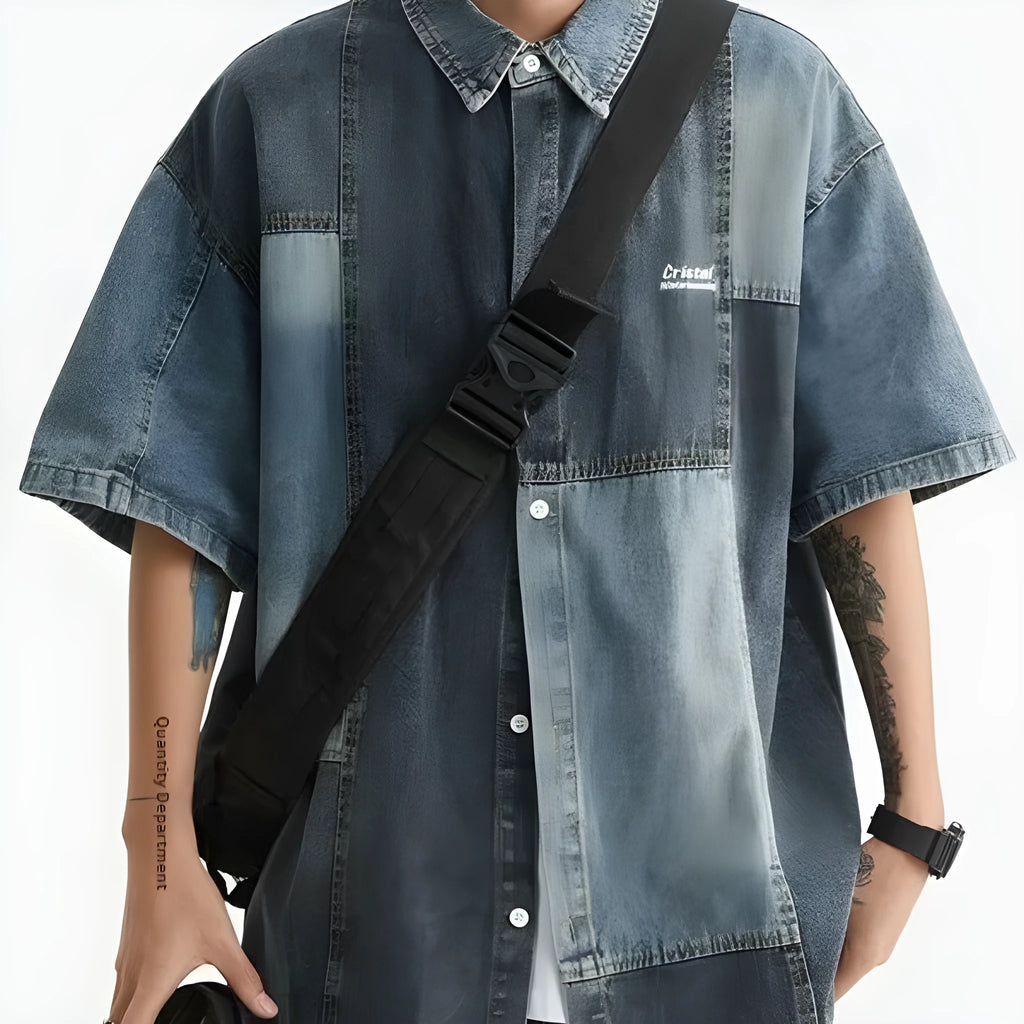 Men's blue loose-fit denim shirt with retro washed finish and cardigan style.