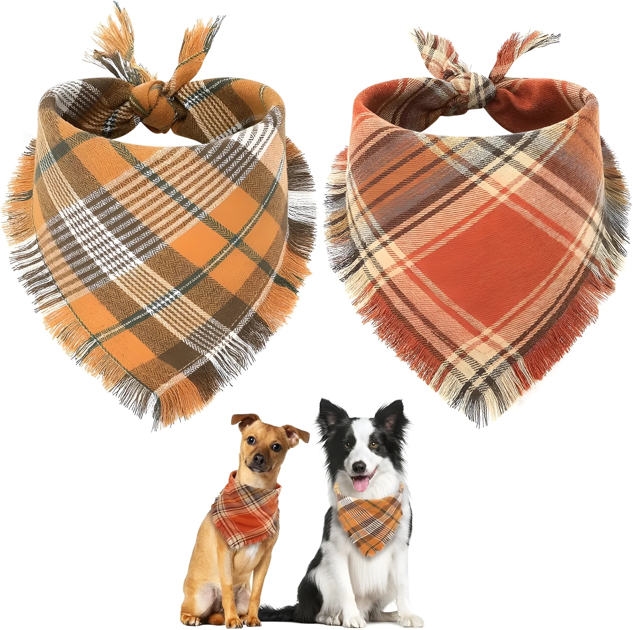Plaid triangle dog bandana with tassel edges in autumn colours on a dog's neck.