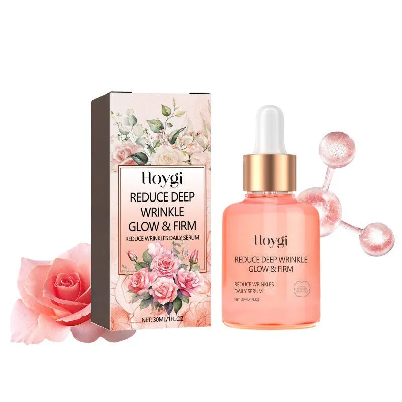 30ml bottle of rose essential oil for smoothening wrinkles and brightening skin.