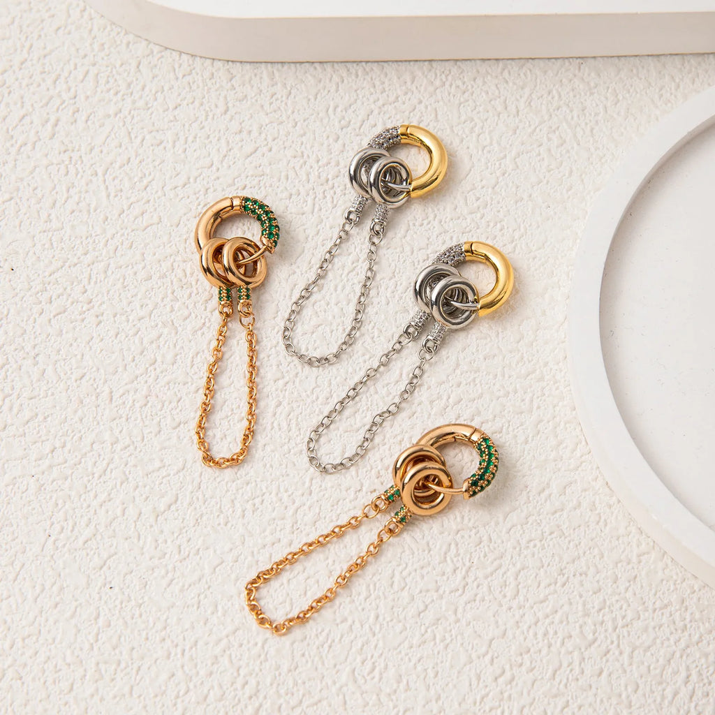 Pair of zircon ear studs with chain, electroplated copper, green or steel zircon, unisex two-way earrings