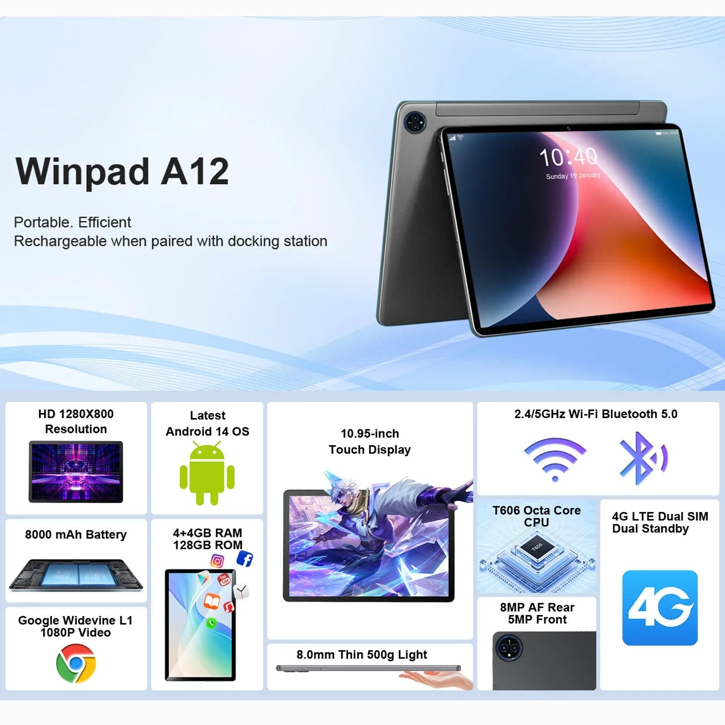 10-inch tablet PC in bare metal blue colour with optional leather keyboard case