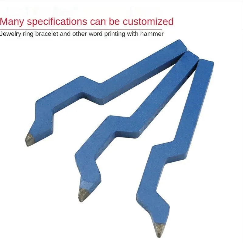 Steel stamping tool for curved alphanumeric characters on jewellery.