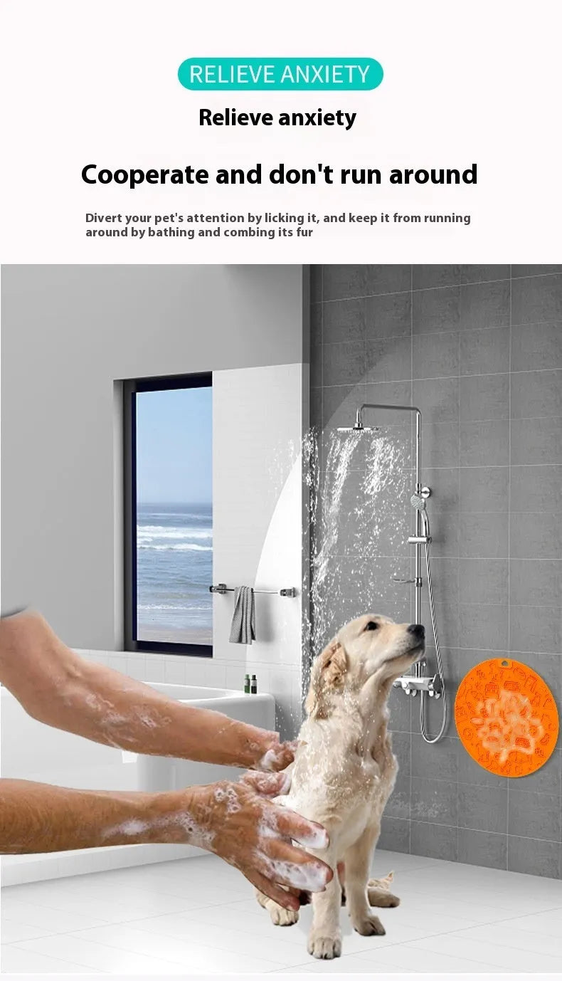 Round grey silicone pet licking mat with textured surface and suction cup base, measuring 21cm diameter