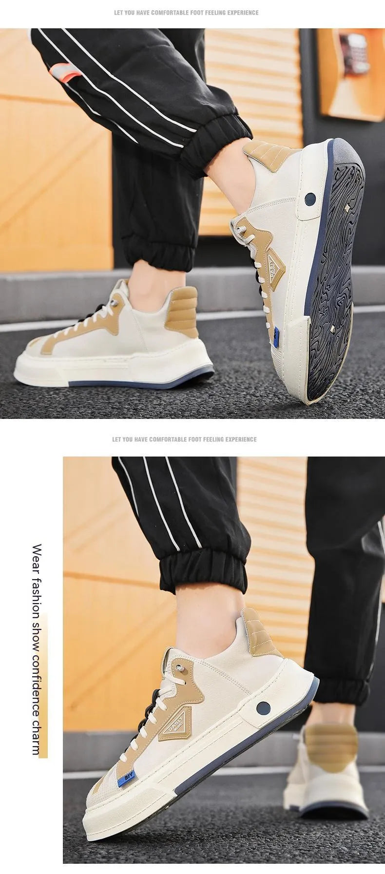 Men's beige low-top sneakers with elastic band closure and microfiber upper for casual wear.