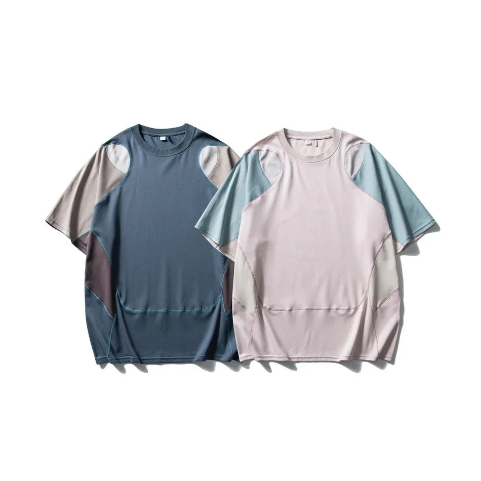 Men's loose fit sports t-shirt with patchwork contrast colour design and raglan sleeves in cotton blend fabric