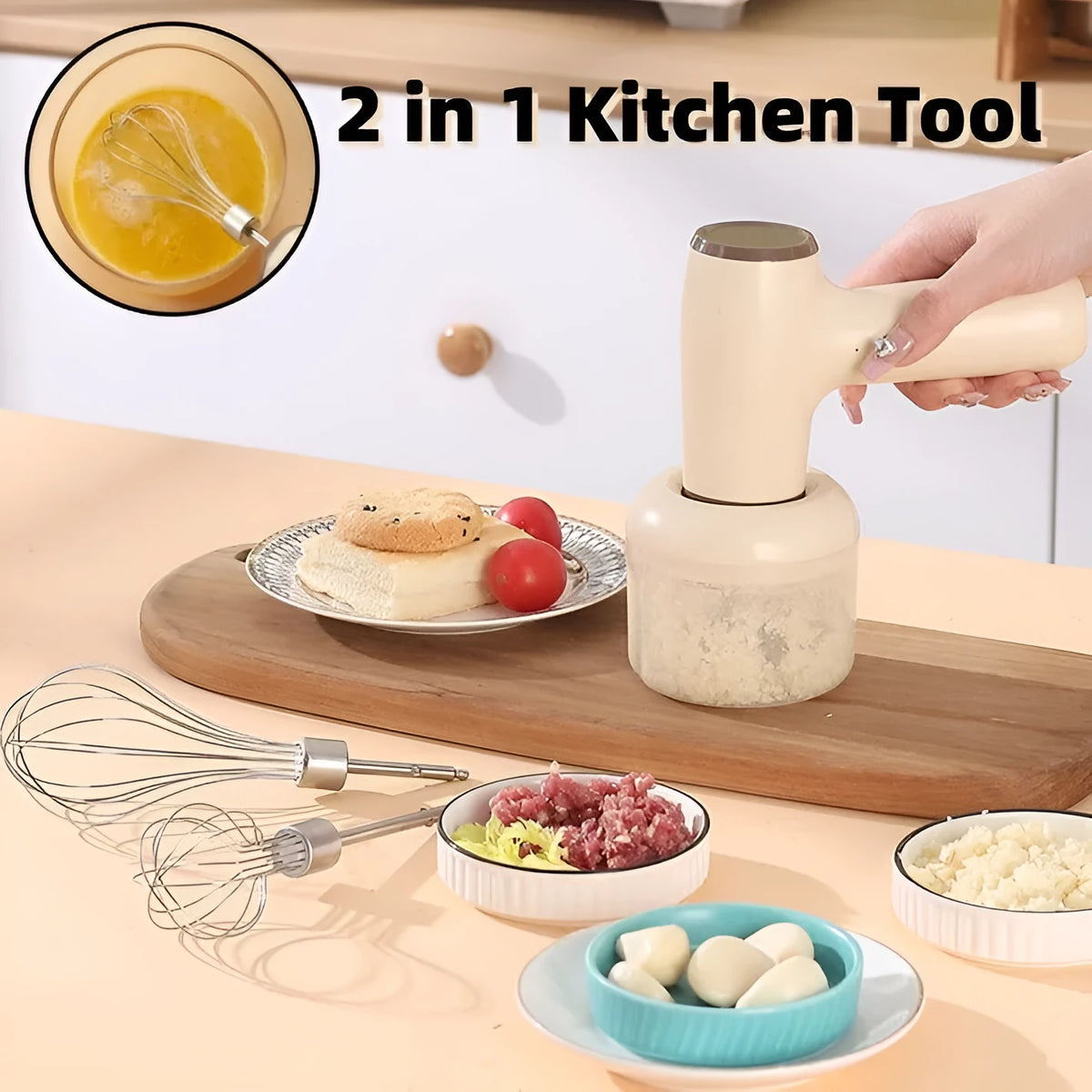 USB rechargeable electric garlic chopper with egg beater attachment in khaki or beige colour options