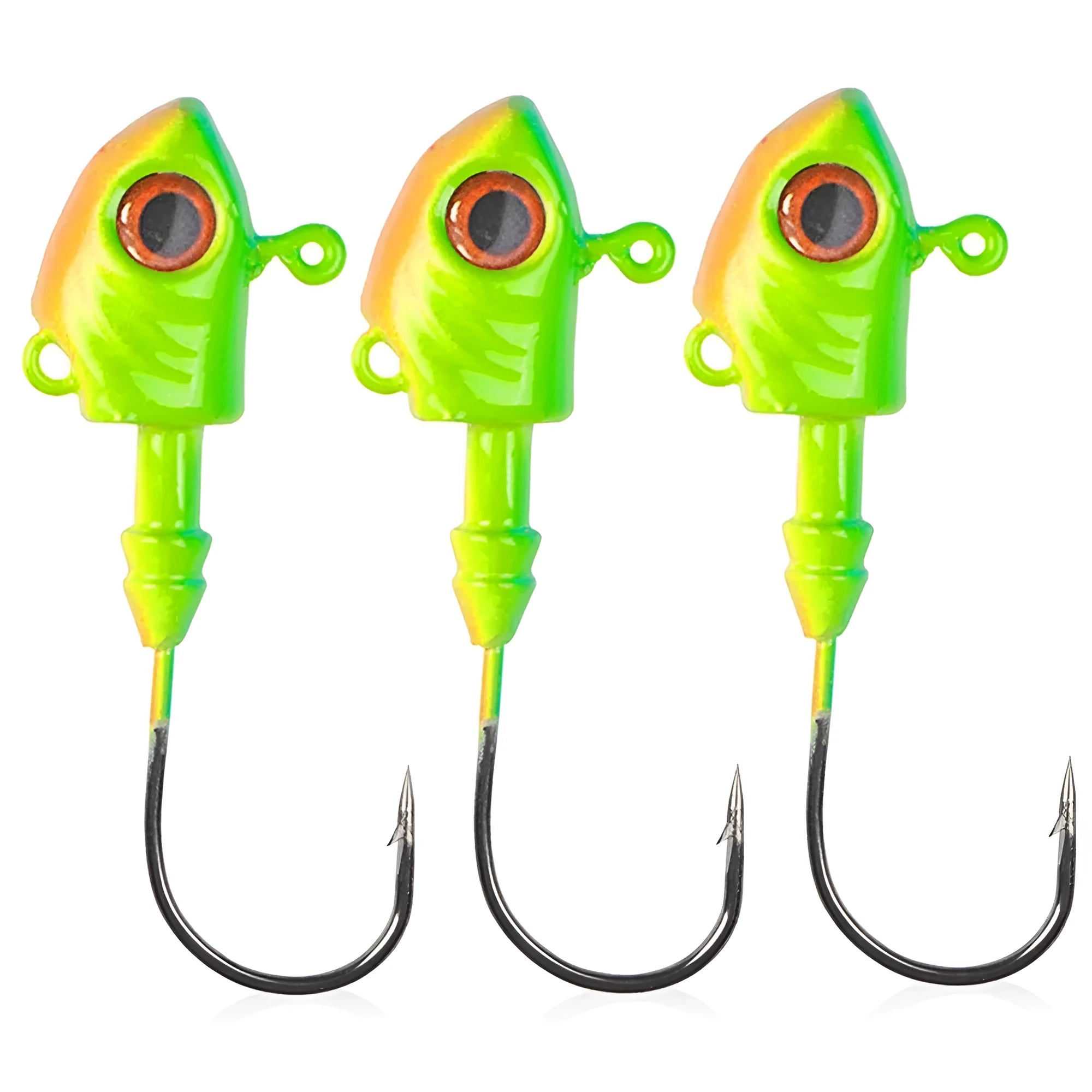 Yayu shaped lead fishing jig head hooks in blue, silver, and yellow colours showing different weights.