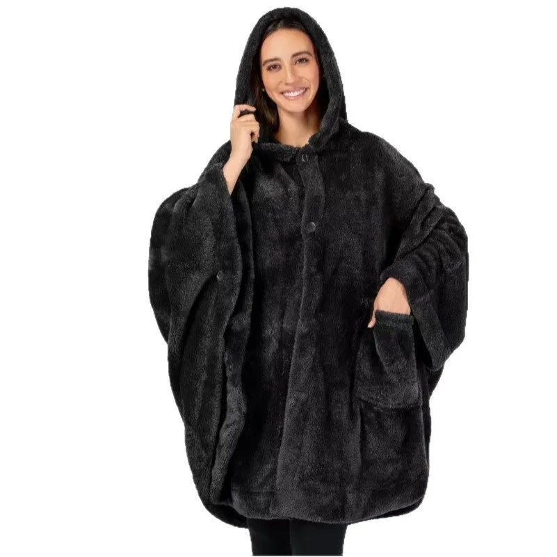 Hooded cloak bathrobe in black with long sleeves and tie belt, made from thick 501-600g/sq m polyester fabric