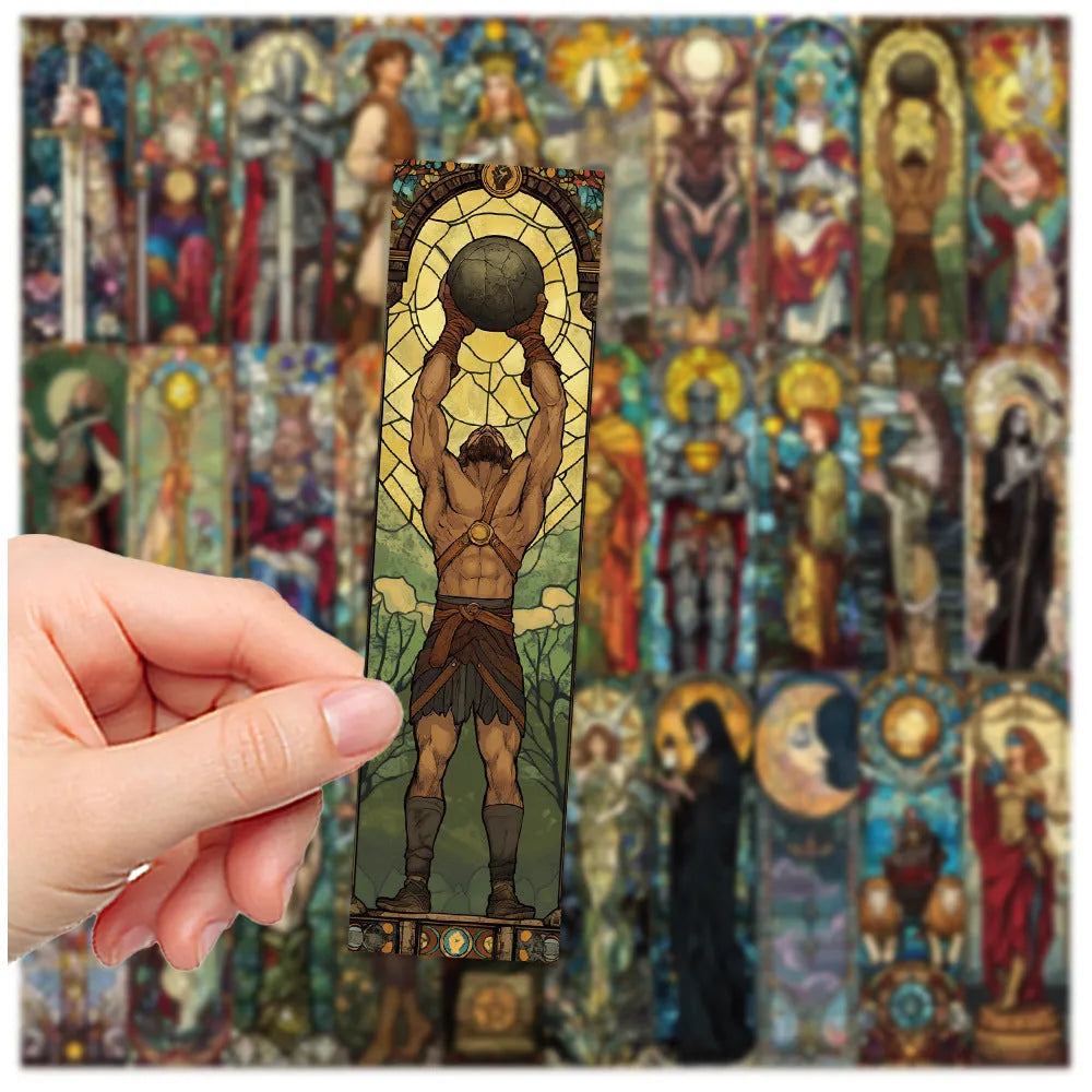 30 handmade paper bookmarks with painted tarot designs, each measuring 5.5cm by 15cm