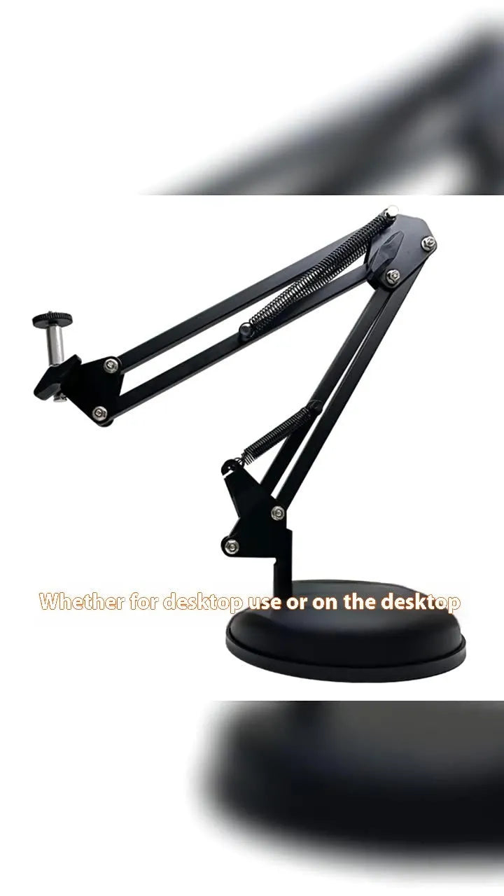 Black foldable metal desktop lazy bracket with tablet clip, showing 360-degree rotation and adjustable cantilever arm