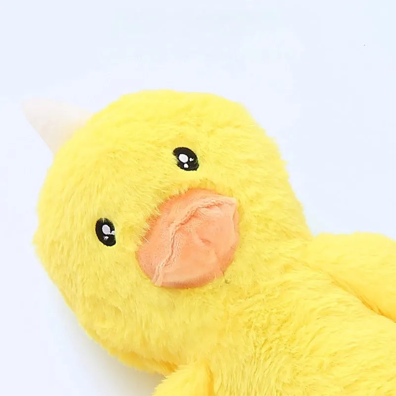 Soft pink and yellow plush dog toy with squeaker, rattle and crinkle sounds for large breed chewing.