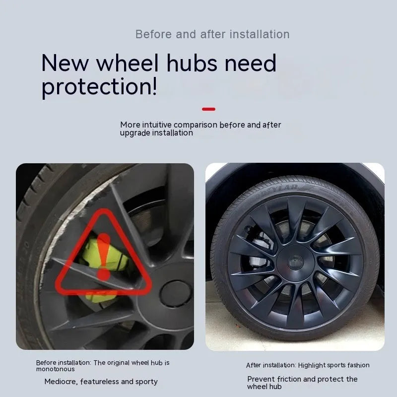 Set of four plastic wheel hub covers for a Tesla Model Y in a choice of colours.