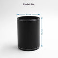 Round black leather pen container measuring 8.0cm diameter and 10.8cm height for desk organisation