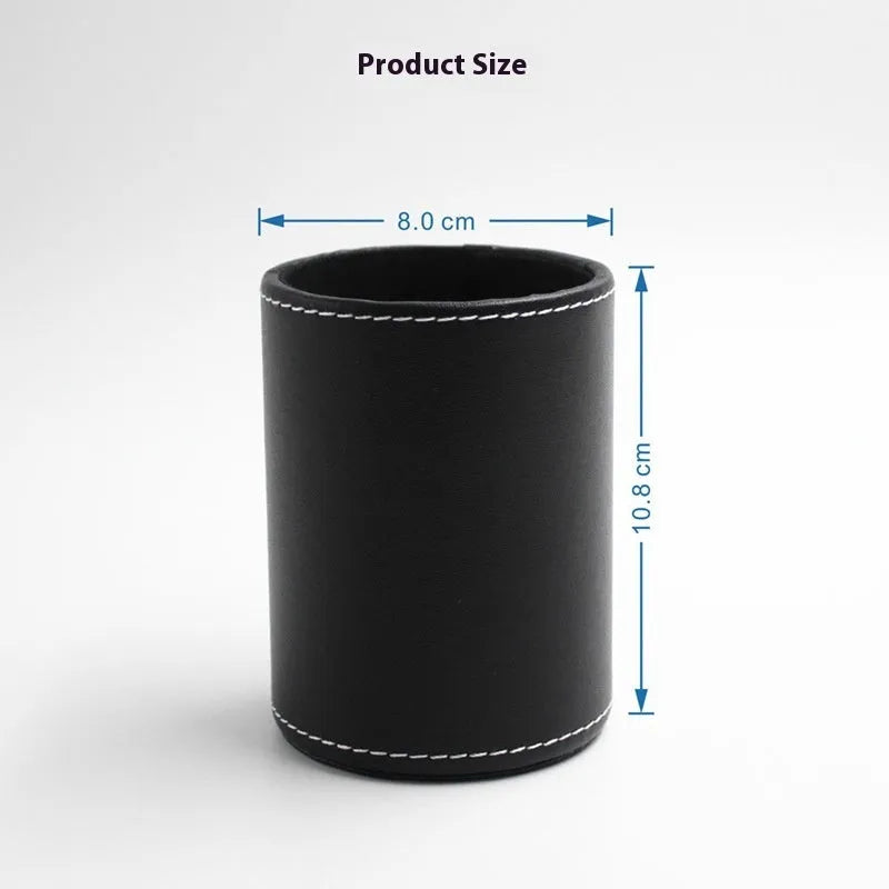 Round black leather pen container measuring 8.0cm diameter and 10.8cm height for desk organisation