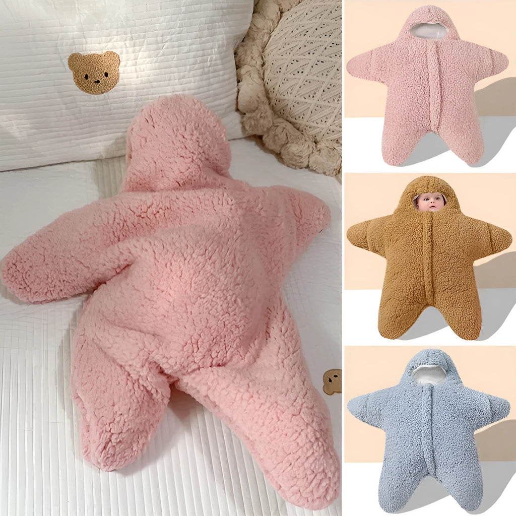 Hooded baby sleeping bag in cashmere cotton fabric with zip opening and hand cuffs