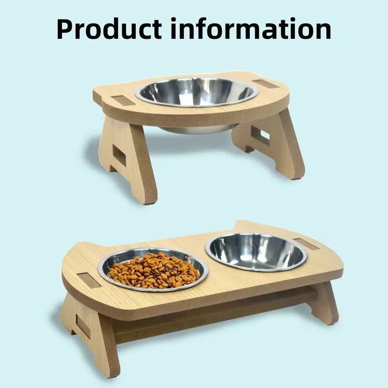 Wooden cat bowl feeder with two stainless steel compartments for food and water