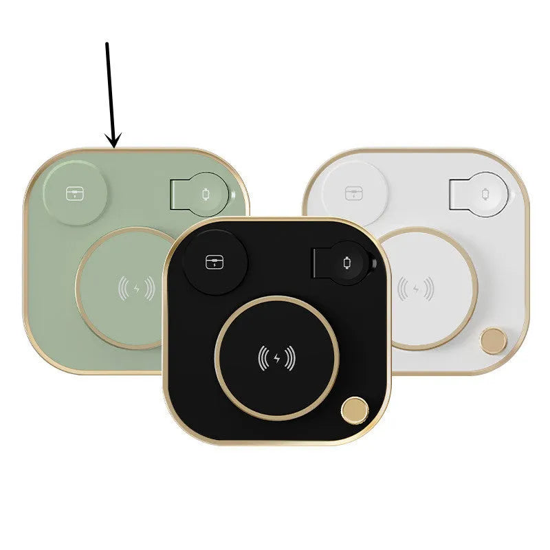 Three-in-one wireless magnetic charger in black, green, or white with 15W fast charging and desk lamp option