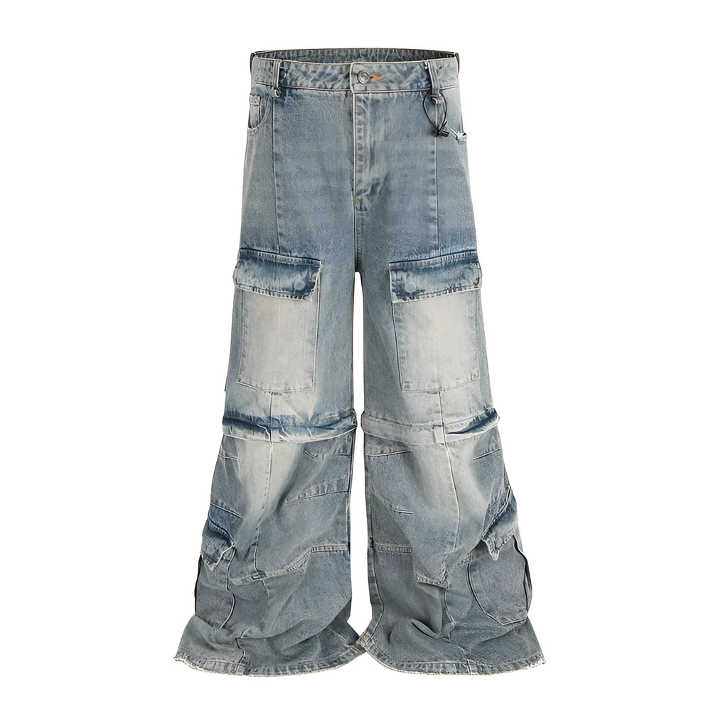 Washed-out cotton detachable overalls with multiple pockets in black or blue colours