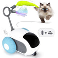 Blue interactive smart cat toy with remote control and feather teaser for automatic and controlled pet play