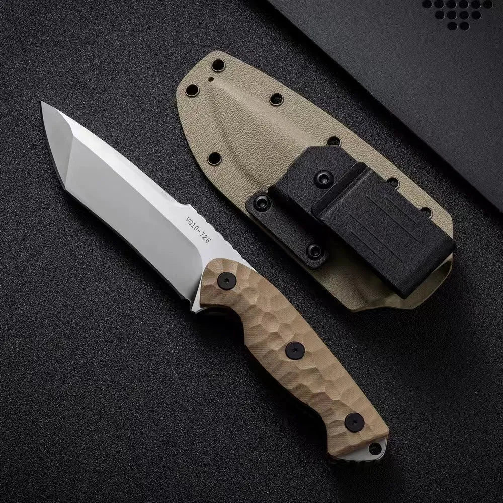 Beige-handled outdoor survival knife showing 260mm length and 130mm blade.
