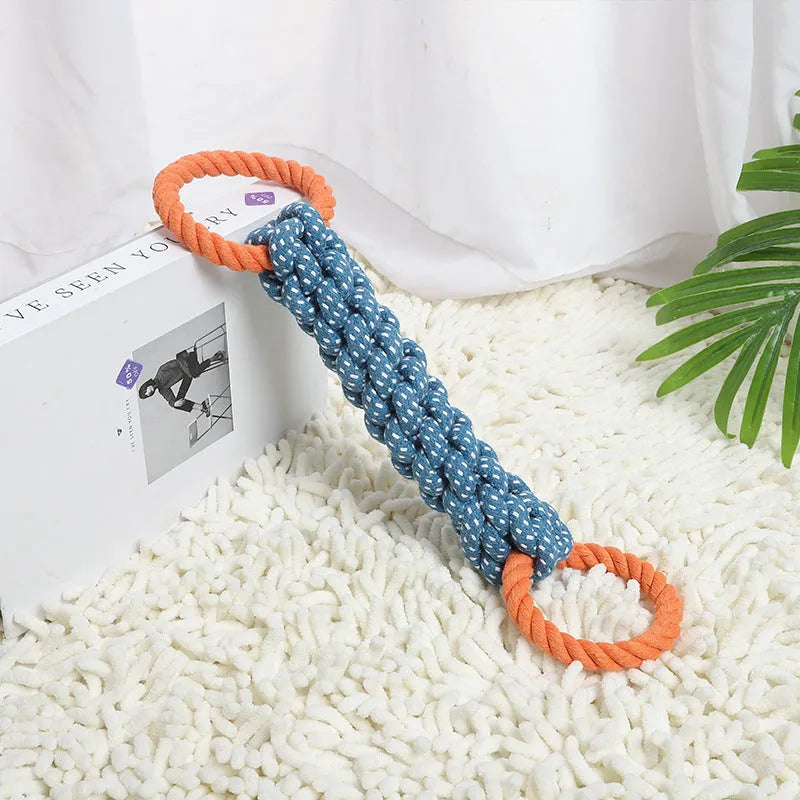 Blue double-ring braided bone dog chew toy made from cotton cord for tooth cleaning