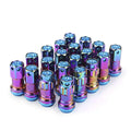 Set of aluminium alloy flat head wheel nuts in assorted colours including black, red, blue, gold, and purple.