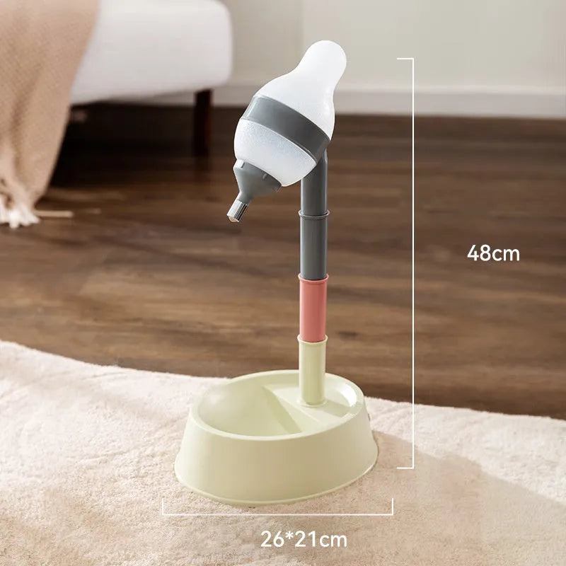 Green pet standing water dispenser with adjustable height pole and detachable bowl for cats and dogs