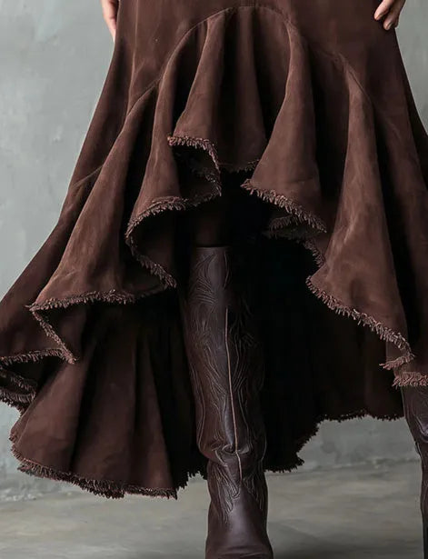 Brown women's maxi skirt with high-low hem and ruffle trim in eco-suede polyester fabric