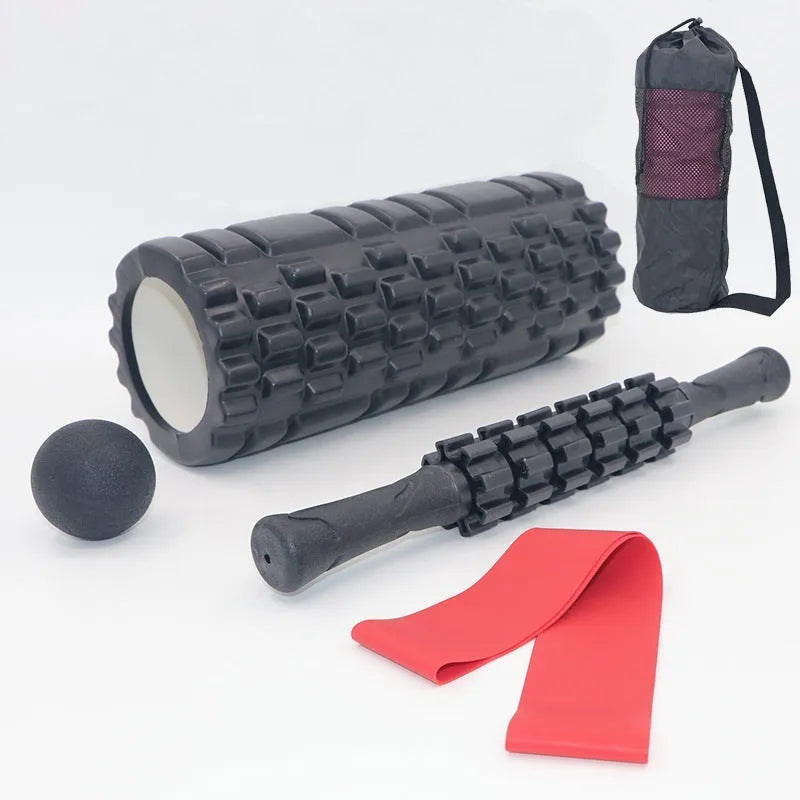 Black fitness foam roller with 33cm massage bar set for health massage and muscle relief