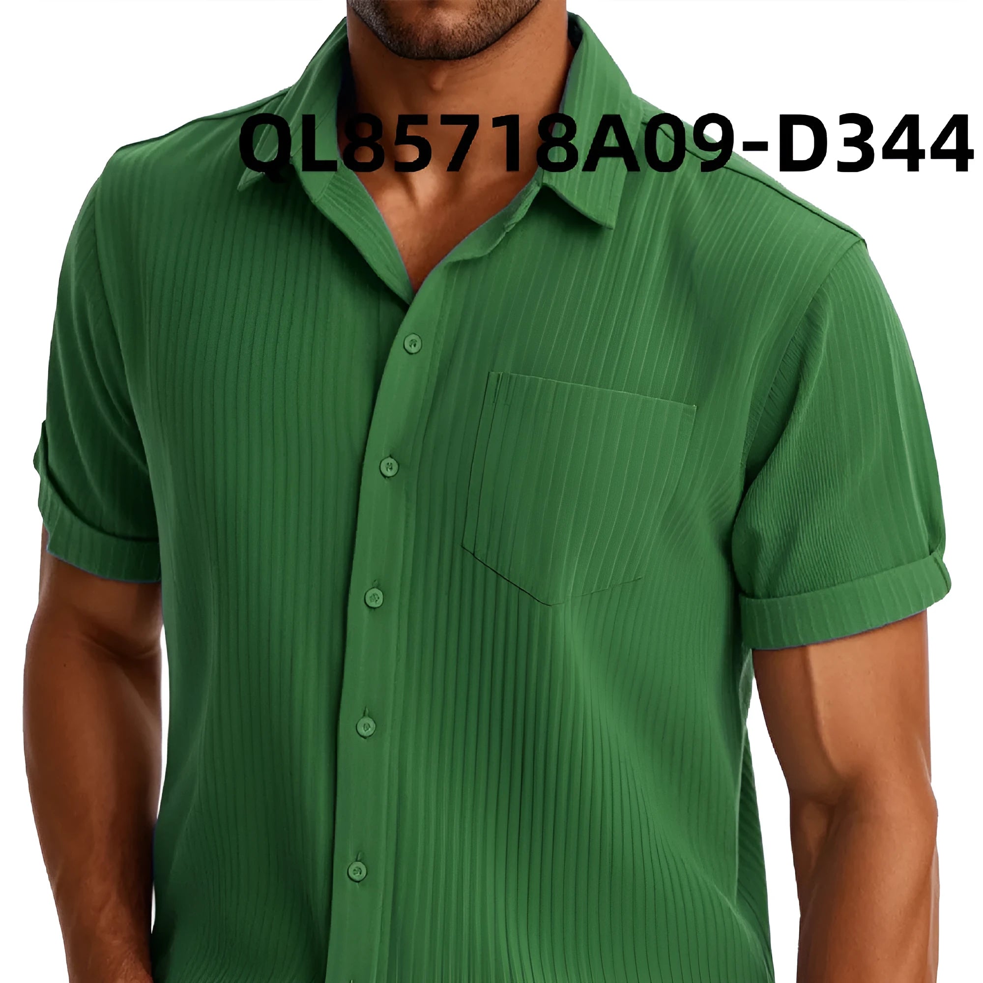 Men's loose fit black short sleeve casual shirt with a white printed lapel detail on a hanger.