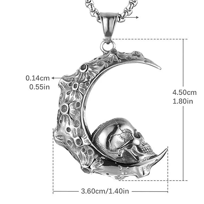 Men's silver alloy skull pendant necklace on a chain, showing design options like dagger, moon, and grimace.