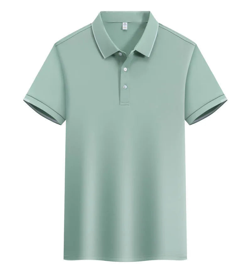 Men's apricot cotton blend loose polo shirt with a short sleeve and contrasting colour on the collar and lapel.