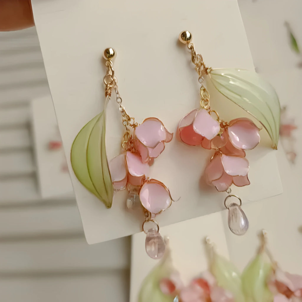Retro Linglan flower drop earrings made from copper wire and resin, heavy industry atmosphere style