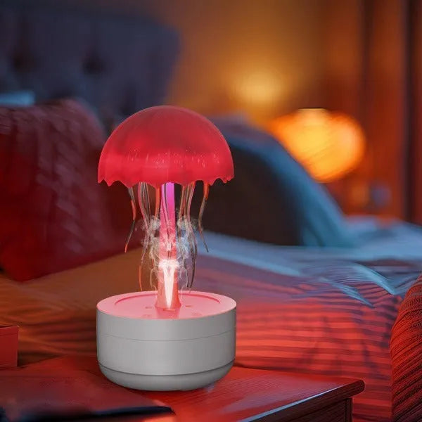 White jellyfish humidifier diffuser with 300ml capacity and 7-colour night light on desktop