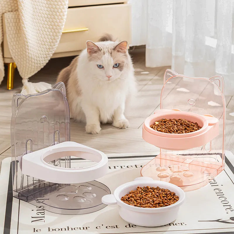 Grey pet bowl with cat ear handles showing height adjustment mechanism and anti-spill design