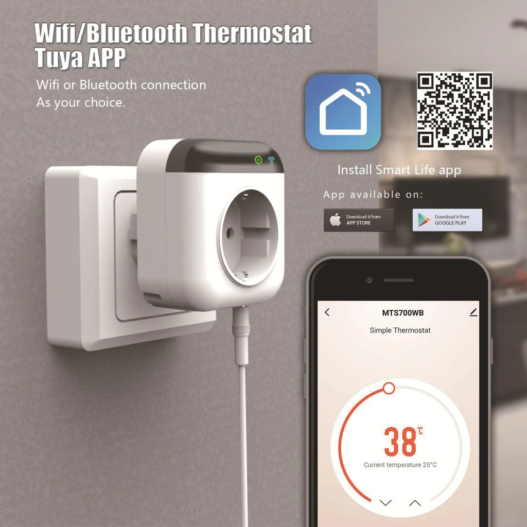 White Tuya WiFi smart temperature control socket with US plug and temperature sensor probe