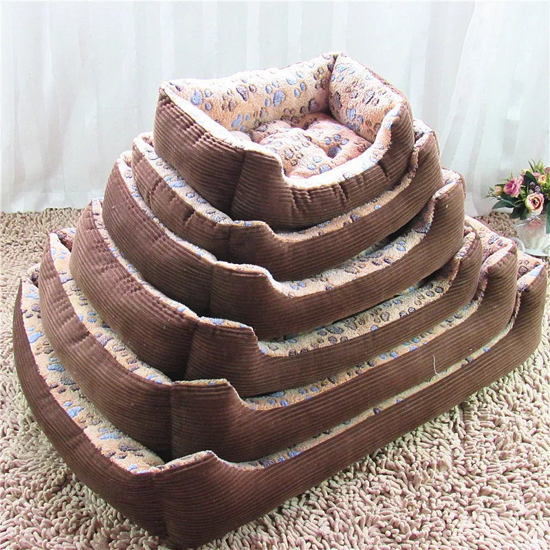 Beige soft plush pet bed for small dogs and cats in a sofa kennel design.