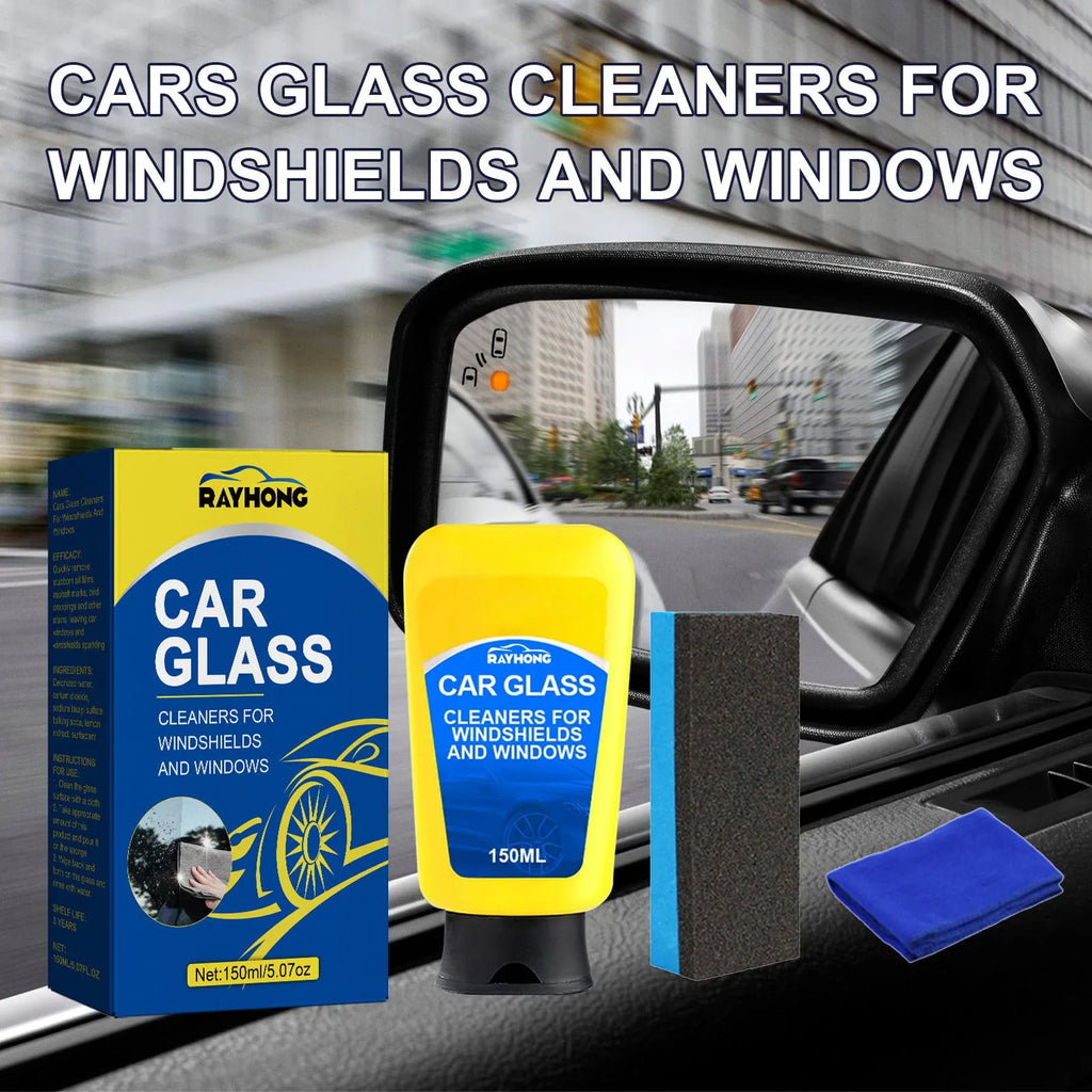 150ml car windscreen detergent bottle with application sponge and microfibre cleaning cloth.
