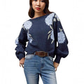 Sapphire blue women's pullover with jacquard floral pattern, loose fit with regular long sleeves
